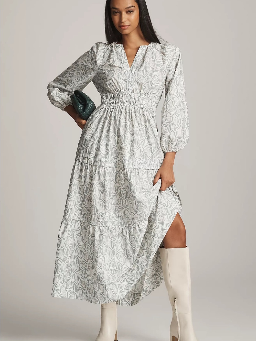 Loverly Grey x Anthro Smocked Waist V-Neck Midi Dress in Light Sage Palm Print